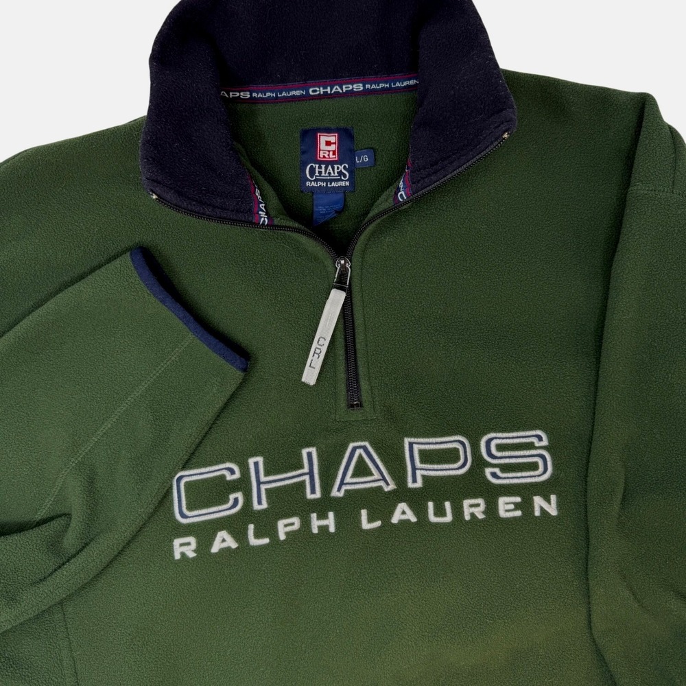 Chaps Ralph Lauren Mens Large Green 1/4 Zip Fleece‎ Pullover Logo Sweatshirt